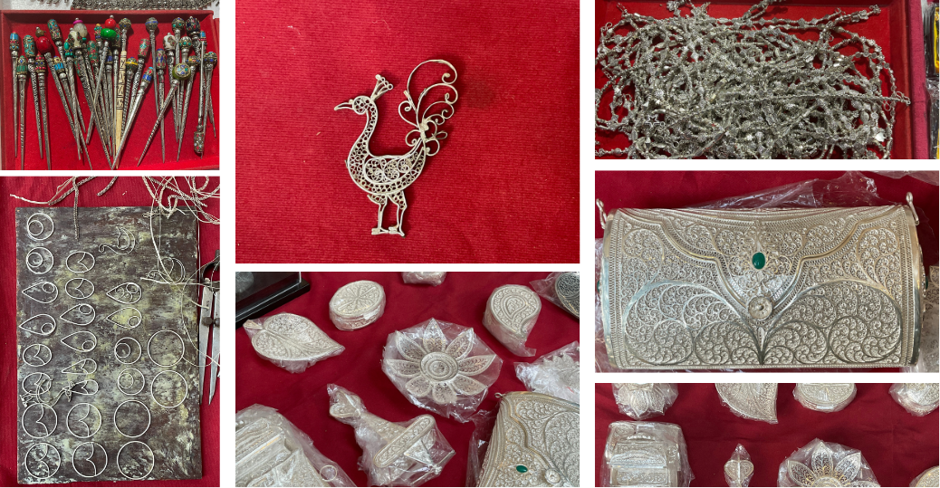 Collage of silver filigree and silverware products