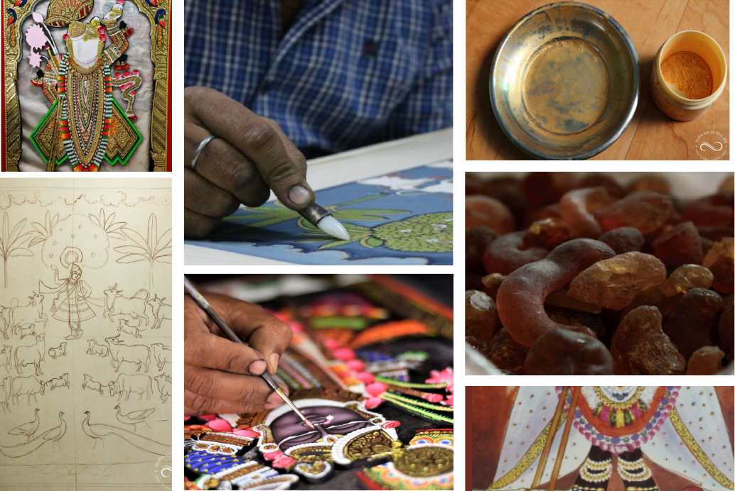 Collage of Nathdwara Pichhwai paintings and products
