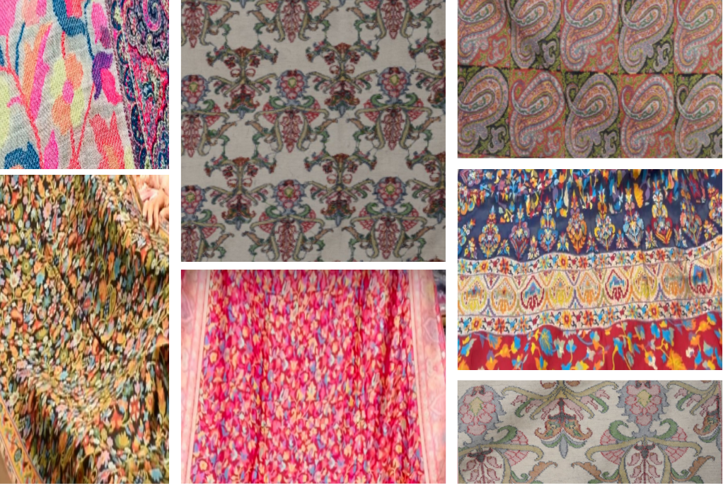 Collage of Kani shawl products